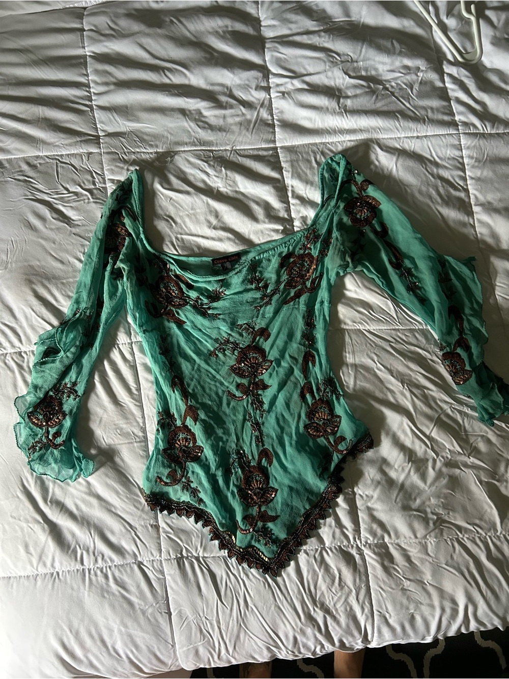 Sheer Teal Embroidered Bell-Sleeve Blouse